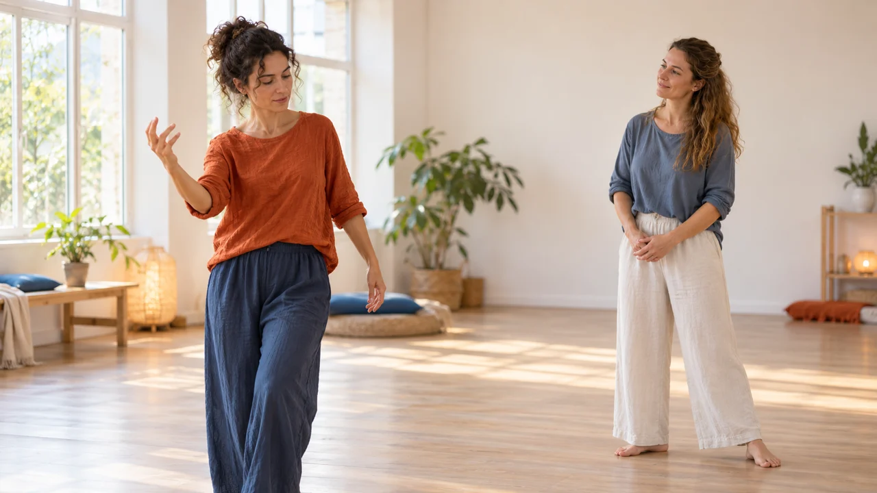 Escena ficticia: dos adultas exploran y observan un gesto manteniendo espacio personal.