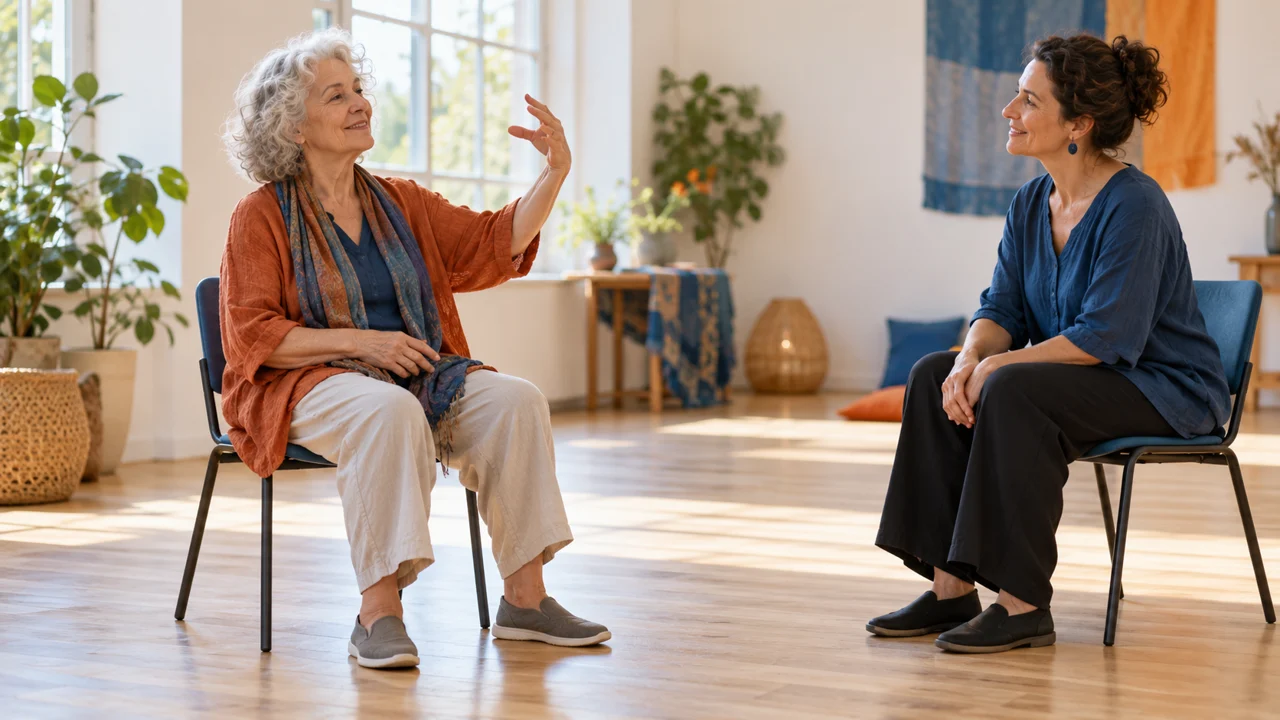 Escena ficticia: dos adultas sentadas comparten una exploración gestual opcional.