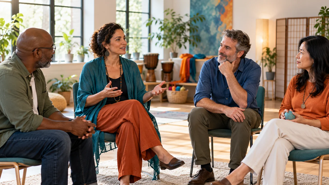 Escena ficticia: adultos conversan después de una exploración dramática.