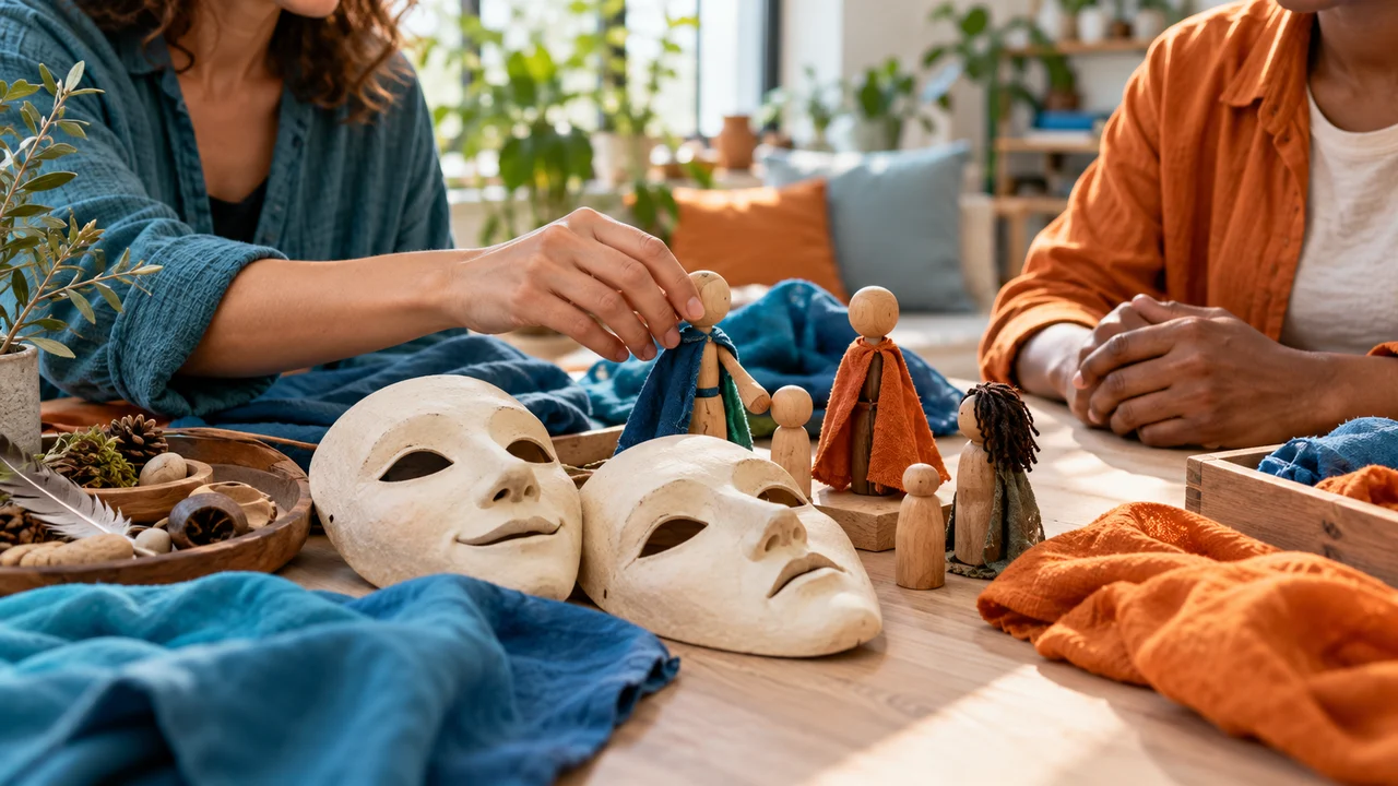 Ilustración ficticia de máscaras y títeres como objetos de mediación dramática.