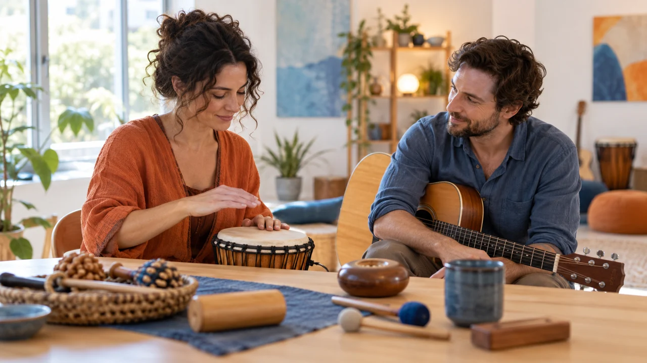Escena ficticia: dos adultos exploran instrumentos con escucha y espacio personal.