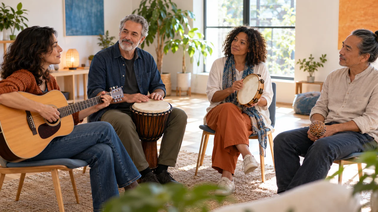 Escena ficticia: adultos en una exploración musical grupal con distintas formas de participación.